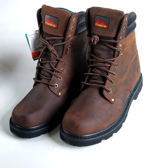 Leather Work Boots Padded Collar Goodyear Construction Brown by ITASCA - Picture 2 of 15